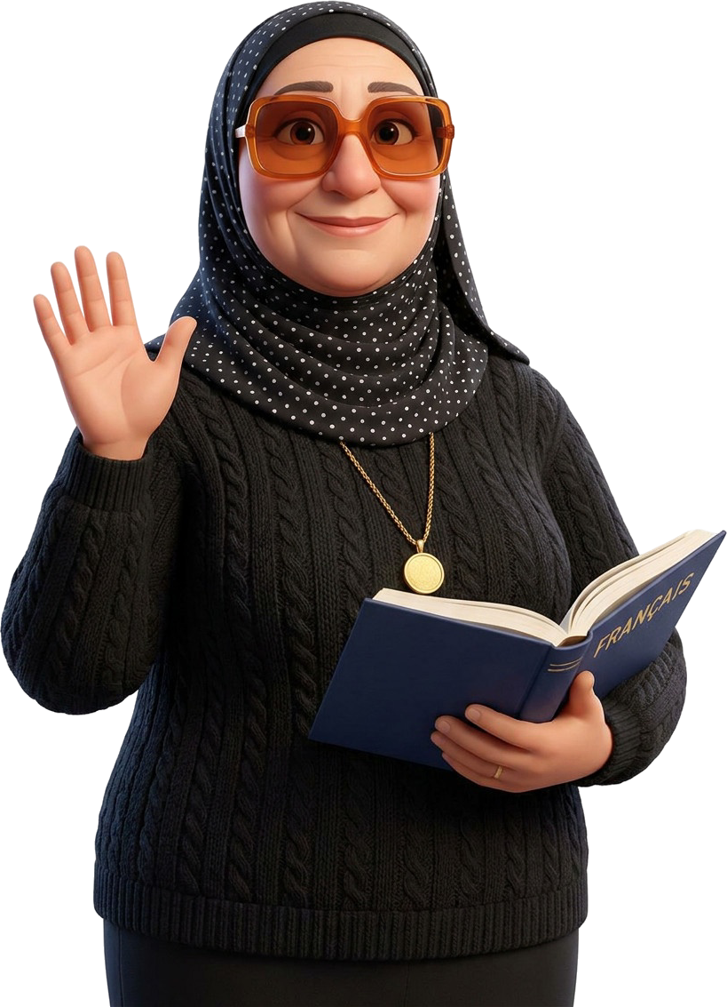 3D illustration of Enas Fahmy waving and holding a French book